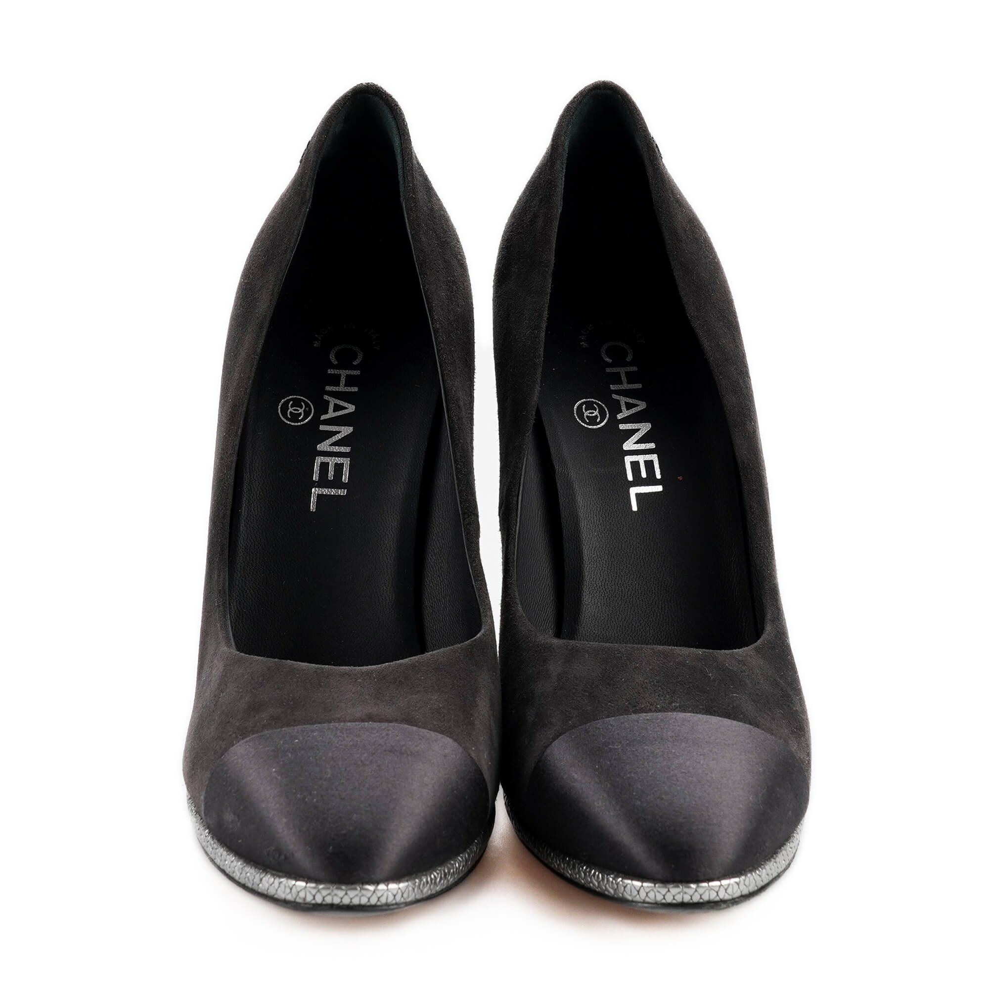 Chanel - Anthracite Suede and Black Satin CC Pumps